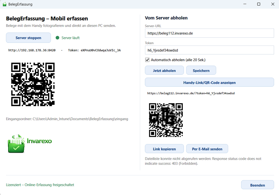 PixyPort PC-App mit lokalem Server, QR-Code und Eingangsordner
